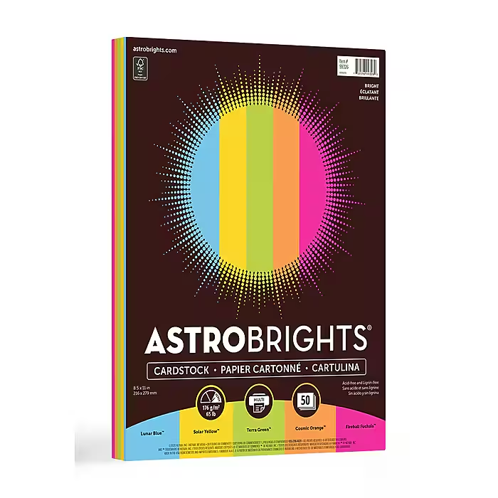 Astrobrights 65 lb. Cardstock Paper, 8.5" x 11", Assorted Colors, 50 Sheets/Pack