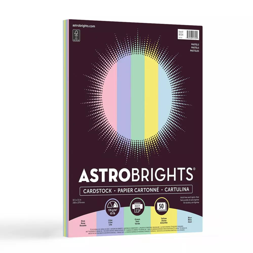 Astrobrights 65 lb. Cardstock Paper, 8.5" x 11", Assorted Colors, 50 Sheets/Pack