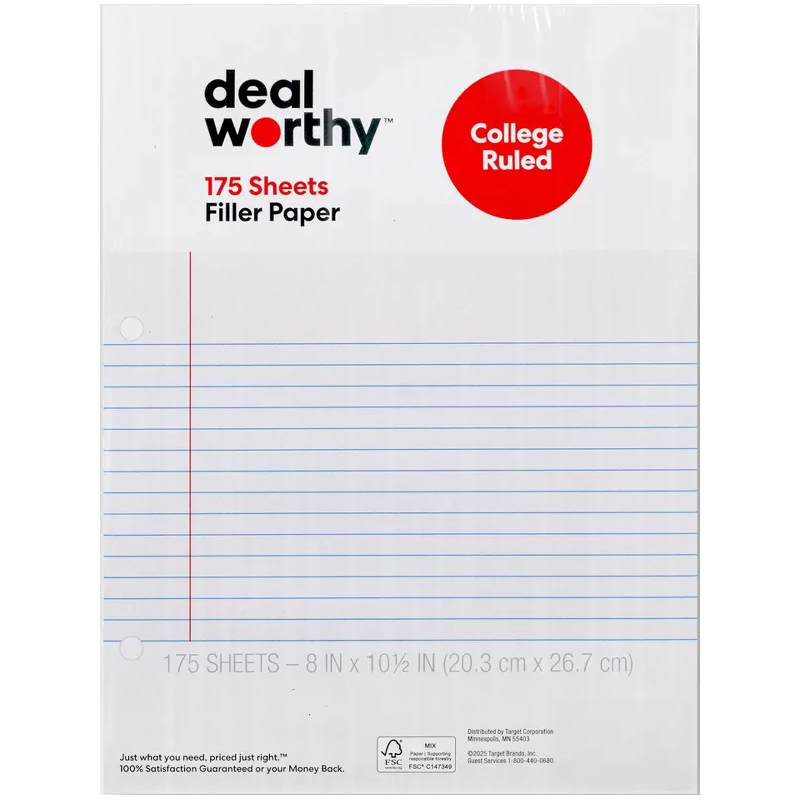College Ruled Loose Leaf Filler Paper, 8" x 10.5", 175 Sheets