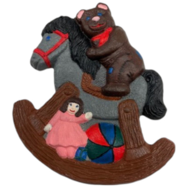 Rocking Horse Bear with Doll and Ball Plaque Ready to Paint Plaster Mold