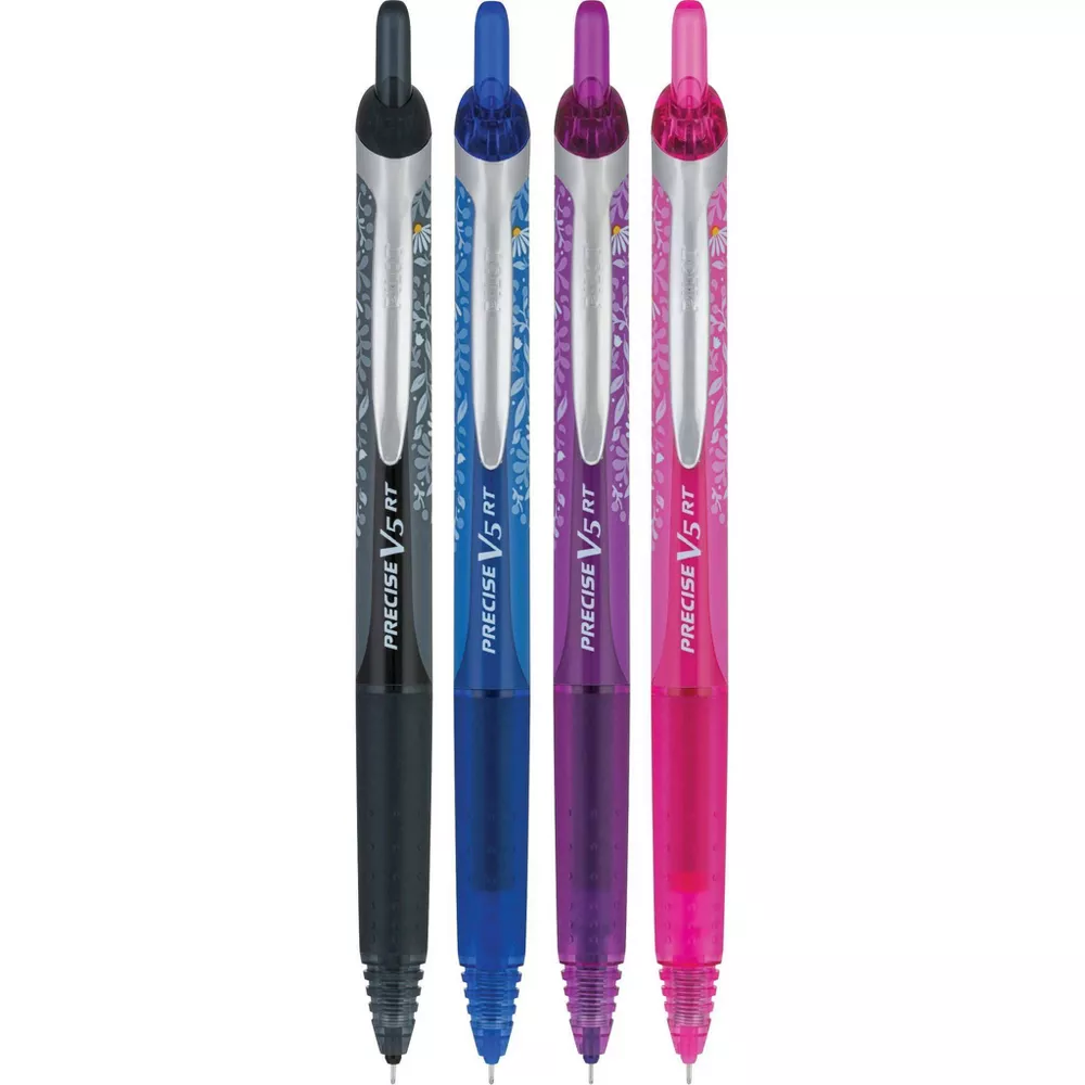Pilot Precise V5 RT Floral Collection Rollerball Pens Extra Fine Point 0.5mm Multicolored Ink 4pk