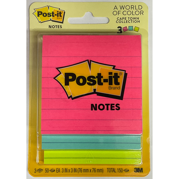 Post It Notes, 3" x 3", Ruled, Jaipur Colors, 50 Per Pad, 3 Count