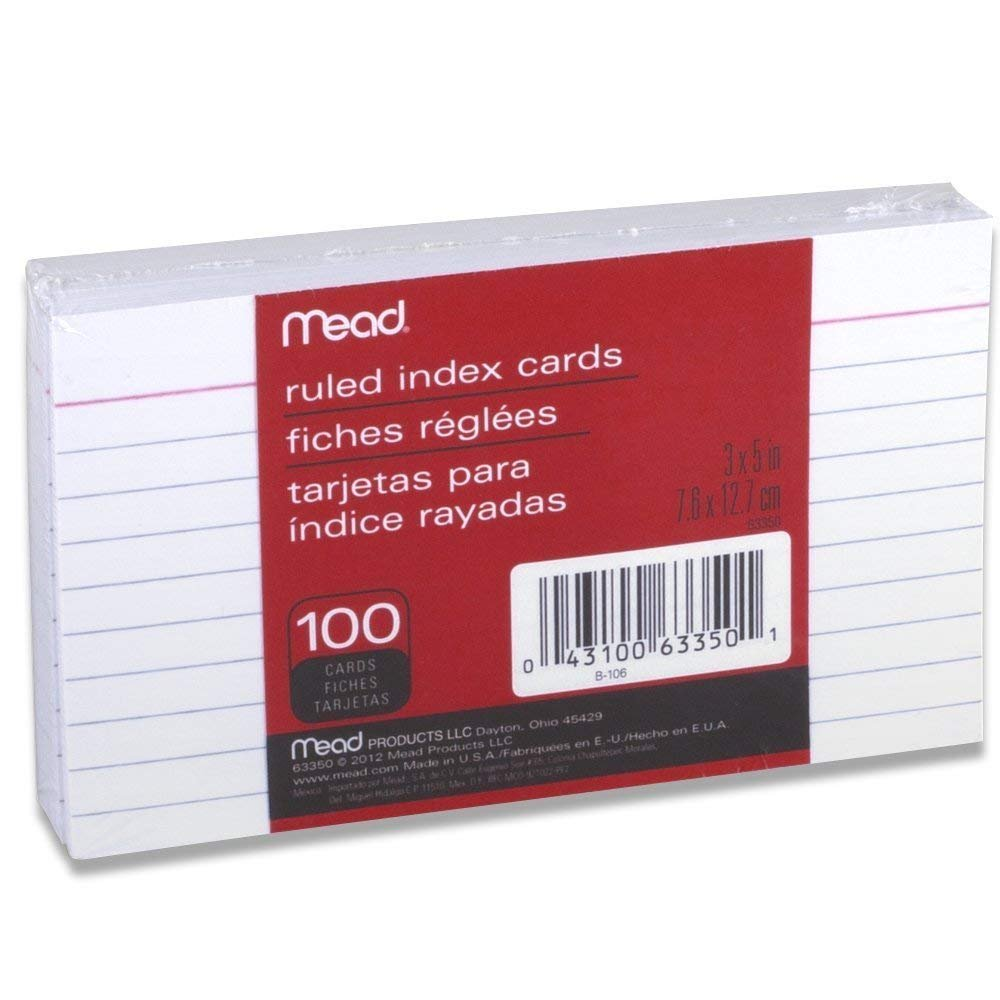 3" x 5" White Ruled Index Cards - 100 Ct