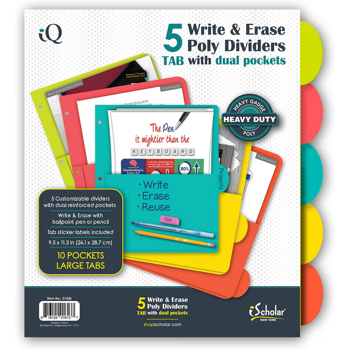 5 Write & Erase Big Tab Poly Index Dividers with Dual Pockets