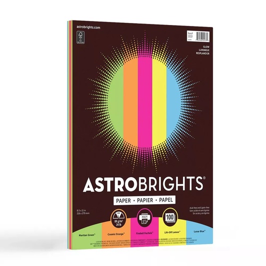 Astrobrights 24 lb Colored Paper, 8.5" x 11", Assorted Neon Colors, 100 Sheets