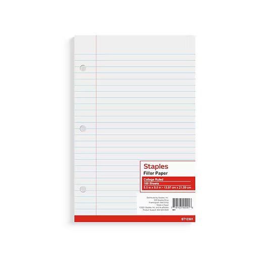 College Ruled Filler Paper, 5.5" x 8.5", 100 Sheets/Pack