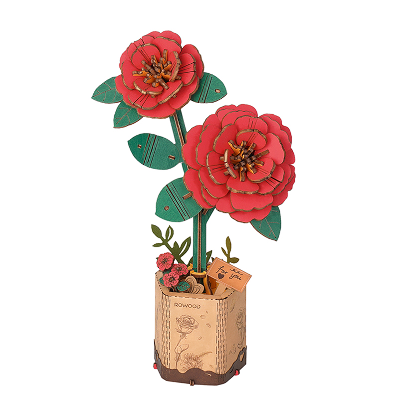 DIY 3D Wooden Puzzle Red Camellia Flower Bouquet