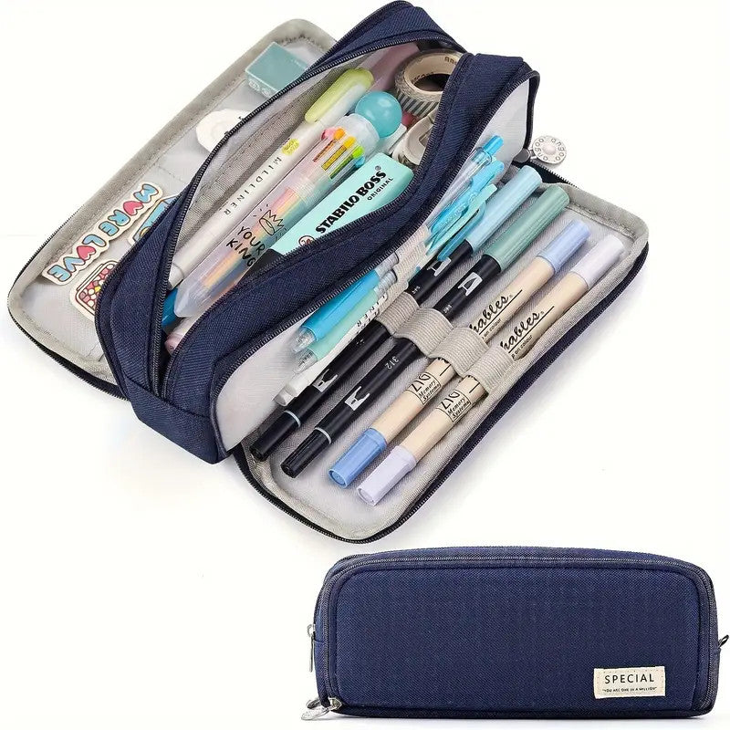 Extra Large Canvas Pencil Case With 3 Compartments