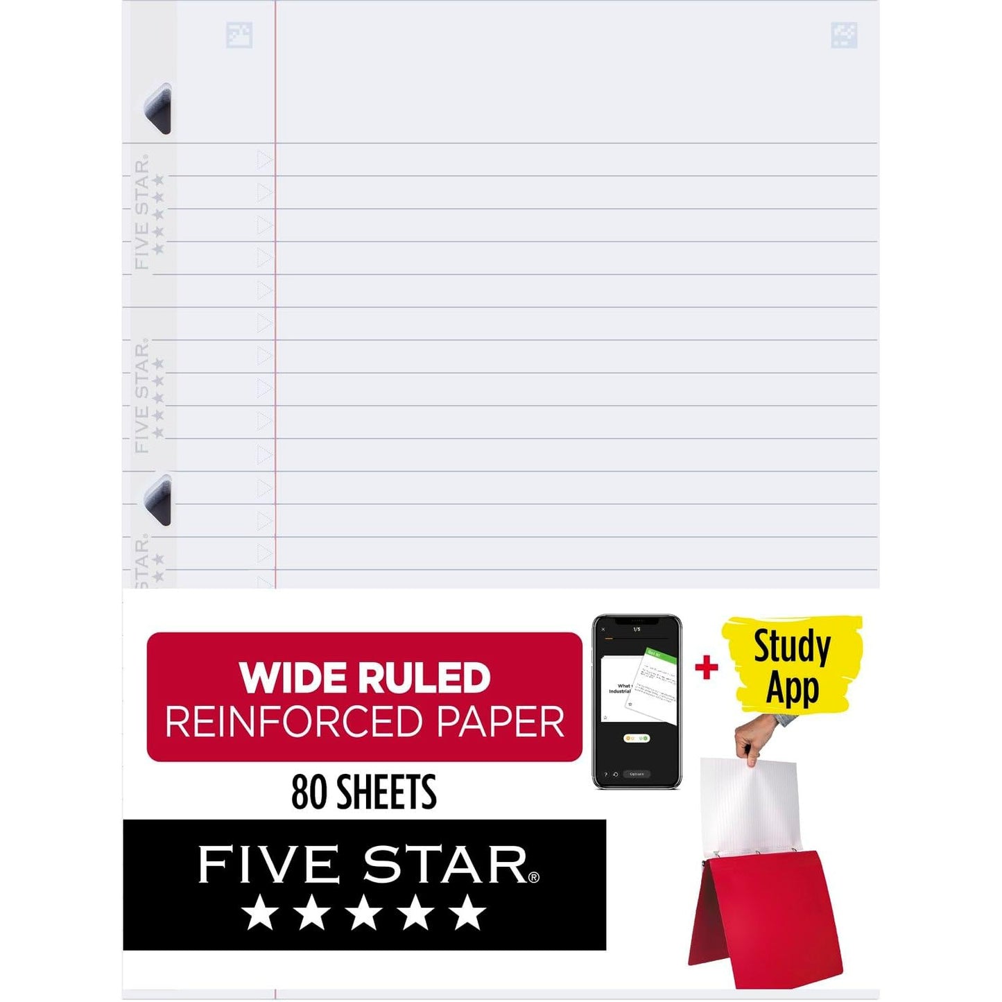 Five Star Reinforced Filler Paper, Wide Ruled, 8" x 10 1/2", 80 Sheets/Pack