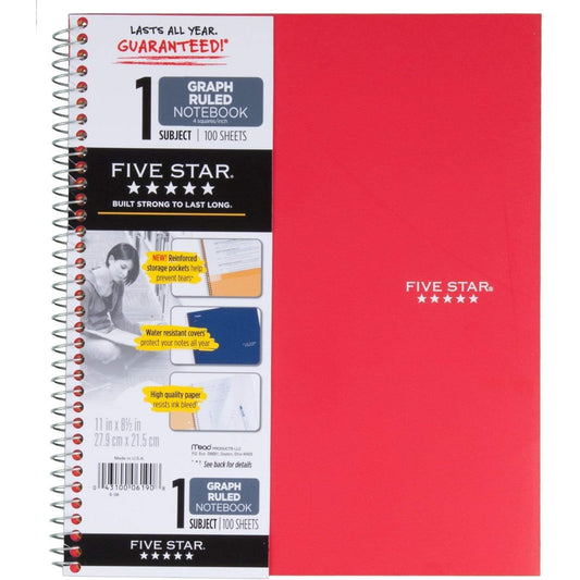 Five Star Spiral Notebook, 1 Subject, Graph Ruled,11" X 8 1/2" , 100 Sheets