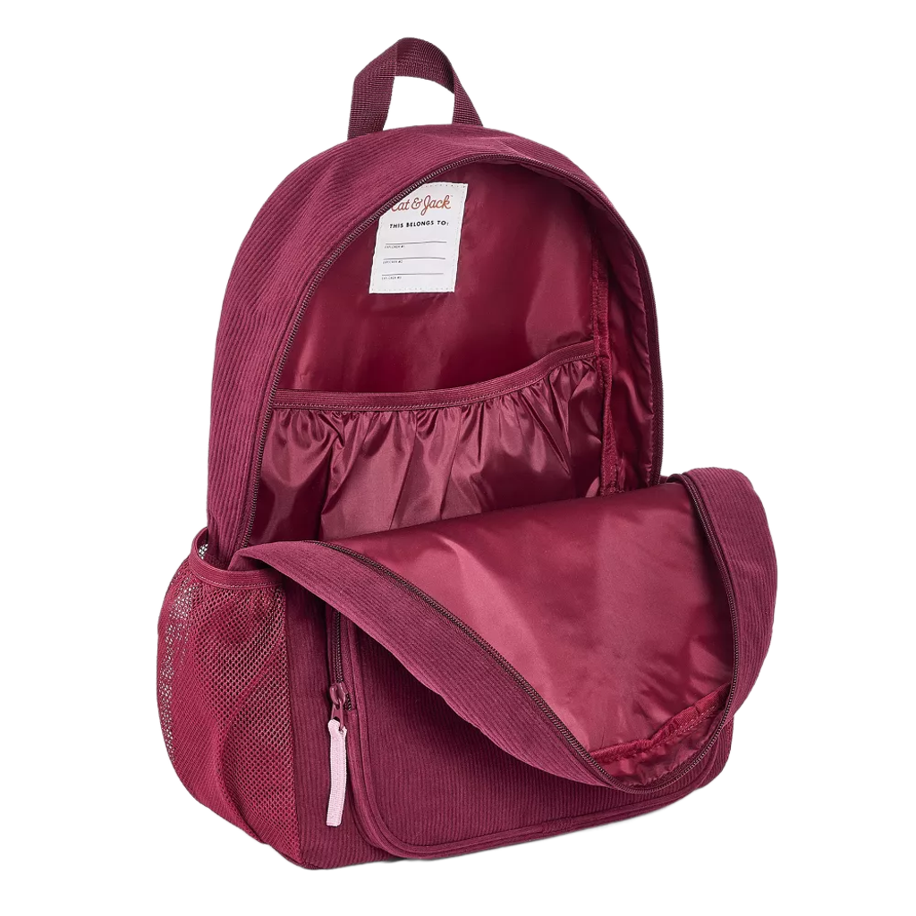 Maroon Embroidered Flower Corduroy Backpack