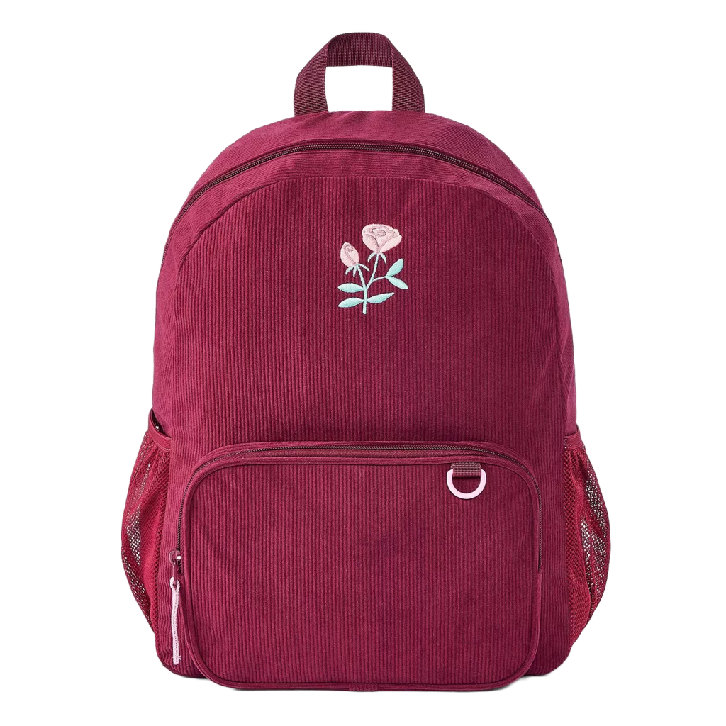 Maroon Embroidered Flower Corduroy Backpack