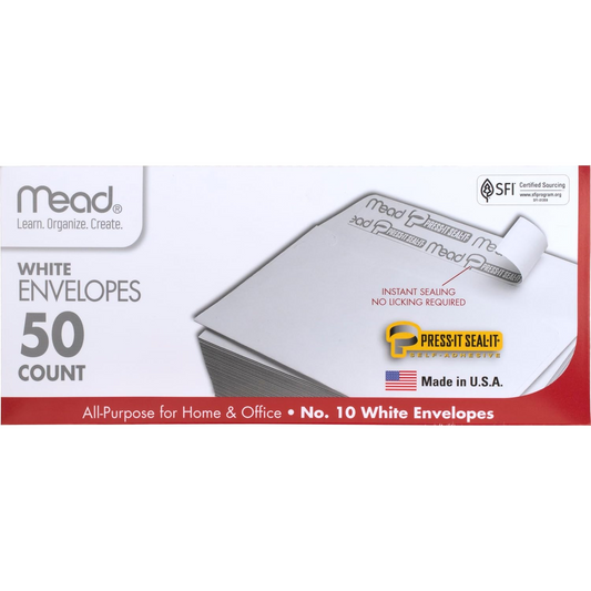 Mead #10 Envelopes, Press-It Seal-It, White, 50/Box