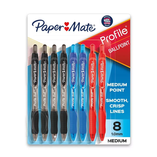 Paper Mate Profile Ballpoint Pens 1.0mm Medium Tip, Retractable Assorted Colors, 8 Pk