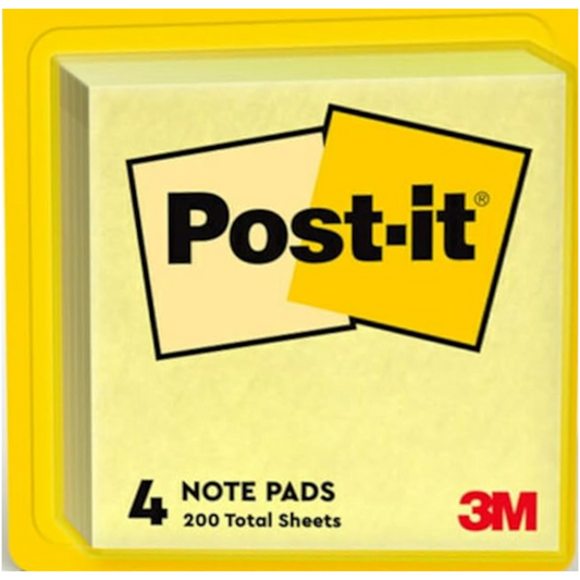 Post It Notes, 3" x 3", Yellow, 50 Per Pad, 4 Count
