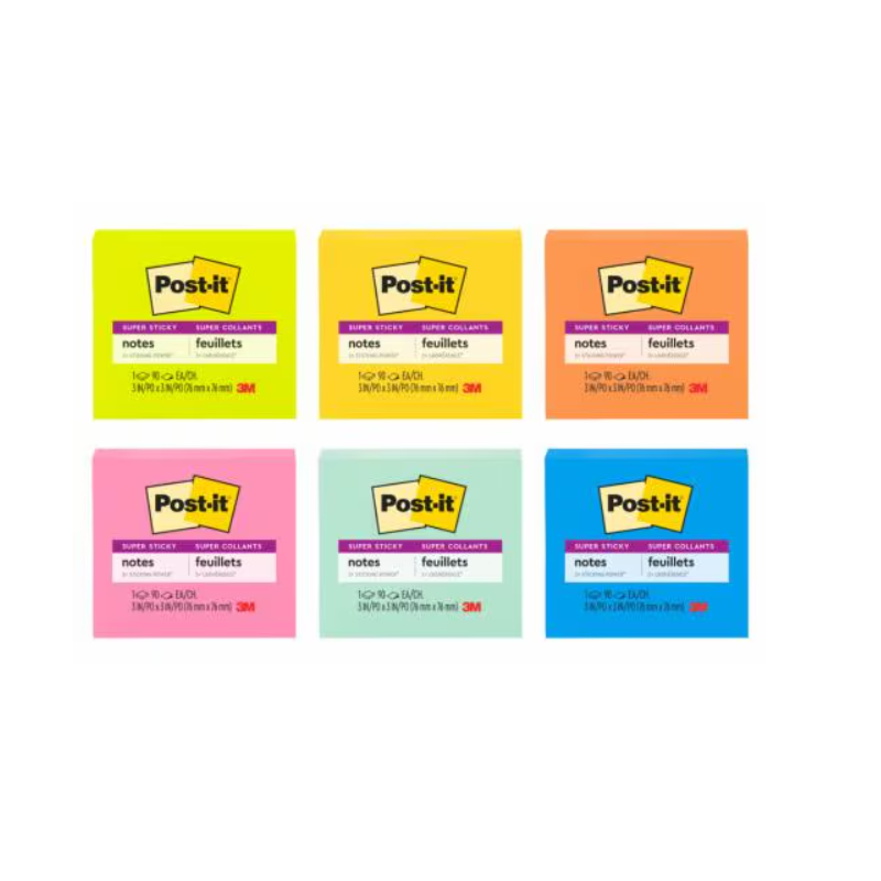 Post It Super Sticky Bright Color Note Pad, 3" x 3" in, 90 Sheets