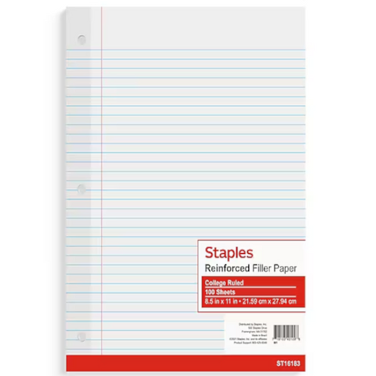 Reinforced College Ruled Filler Paper, 8.5" x 11", 100 Sheets/Pack