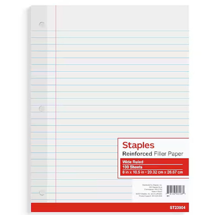 Reinforced Wide Ruled Filler Paper, 8" x 10.5"
