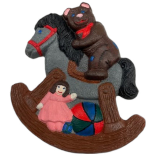 Rocking Horse Bear with Doll and Ball Plaque Ready to Paint Plaster Mold