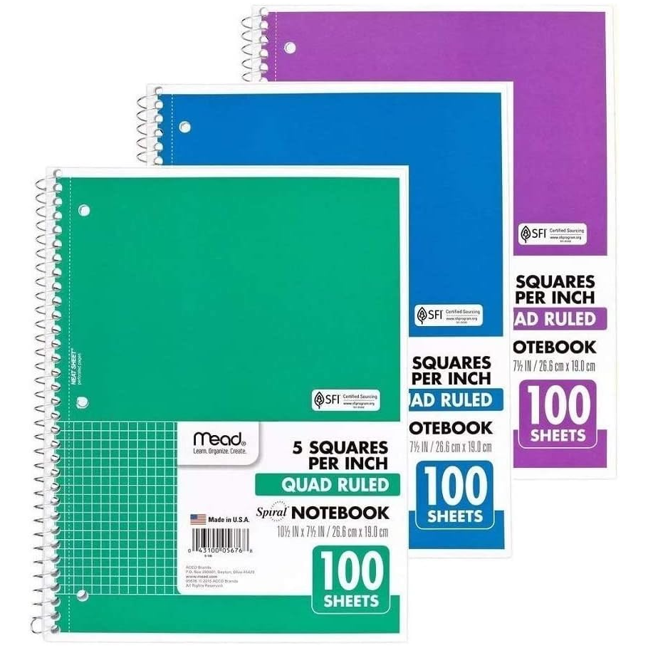 Spiral Notebook, Graph Paper, 10-1/2" x 8", 5 Squares, 100 Sheets