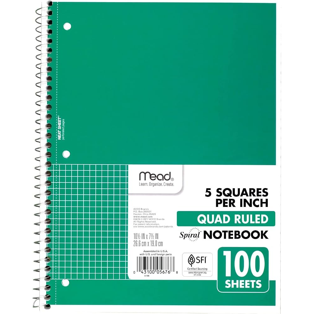 Spiral Notebook, Graph Paper, 10-1/2" x 8", 5 Squares, 100 Sheets