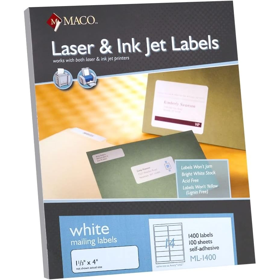 Laser/Inkjet 1-1/3 x 4" White Mailing Labels - 1400/Box