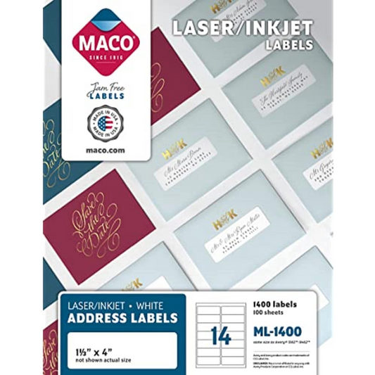 Laser/Inkjet 1-1/3 x 4" White Mailing Labels - 1400/Box