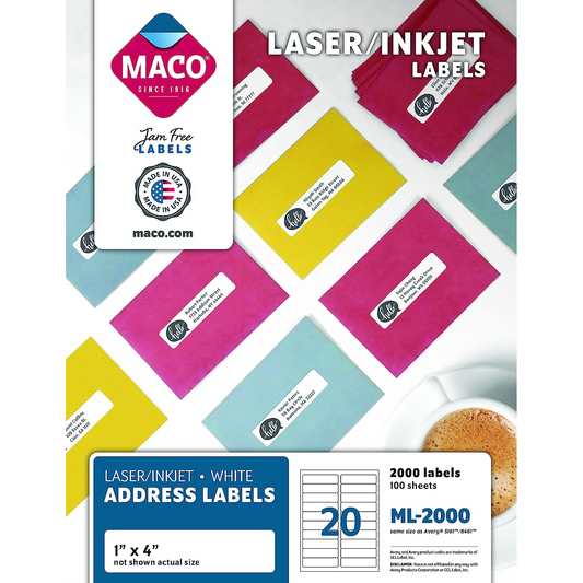 Laser/Inkjet 1" x 4" White Mailing Labels - 2000/Box