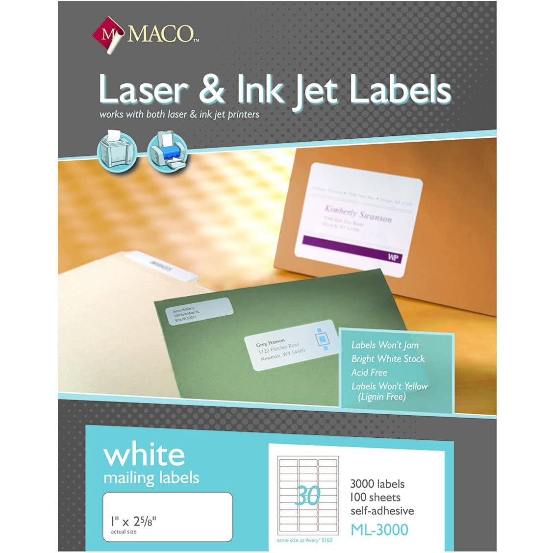 Laser/Inkjet 1" x 2 5/8" White Mailing Labels - 3000/Box