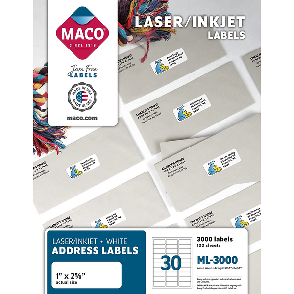 Laser/Inkjet 1" x 2 5/8" White Mailing Labels - 3000/Box