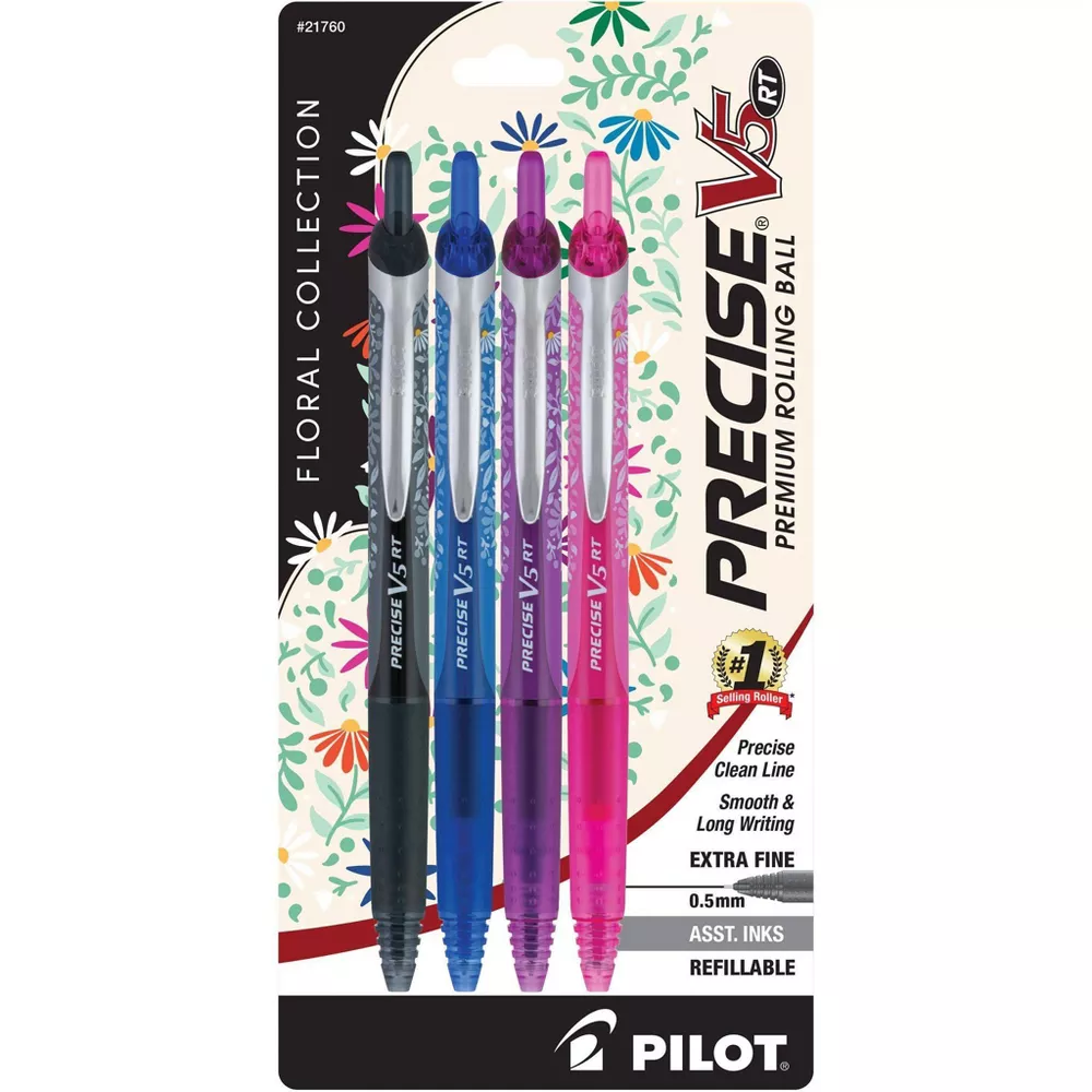 Pilot Precise V5 RT Floral Collection Rollerball Pens Extra Fine Point 0.5mm Multicolored Ink 4pk