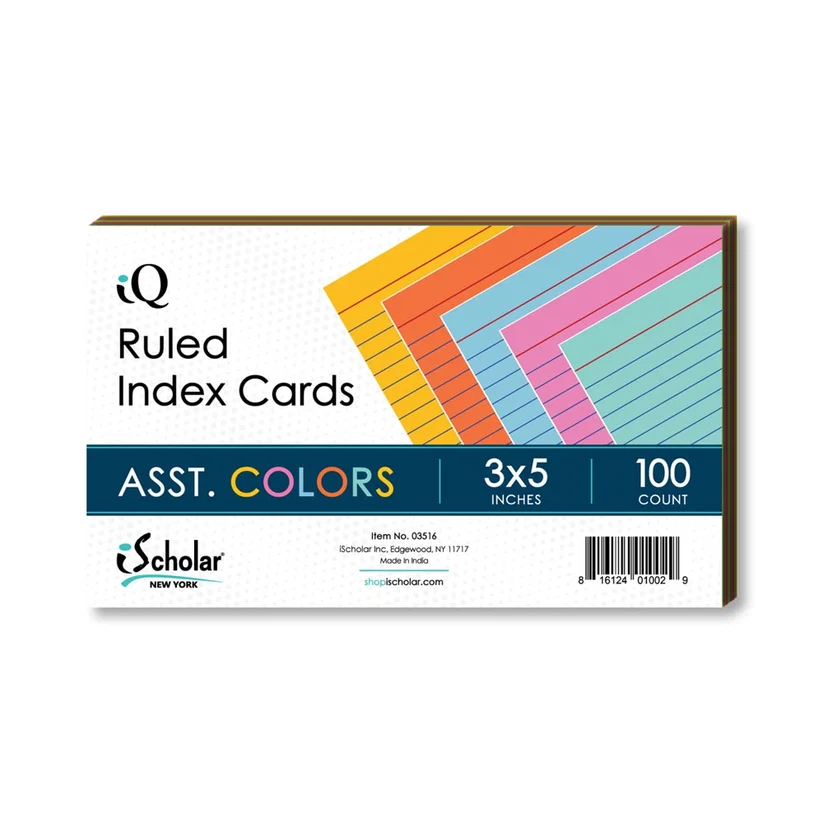 Index Cards 3" x 5" Assorted Colors 100 Ct