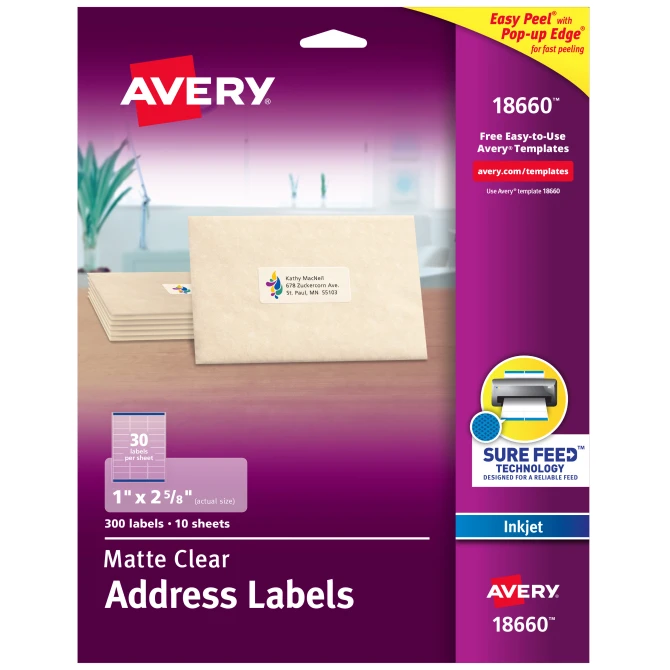 Avery Matte Clear Easy Peel Labels, Inkjet, 1" x 2 5/8"