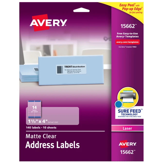 Avery Matte Clear Easy Peel Labels, Laser, 1 1/3" x 4"