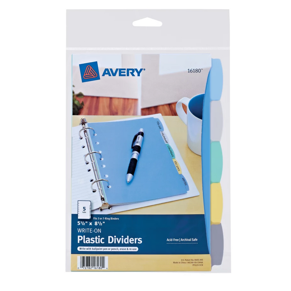 Mini Durable Write & Erase Plastic Dividers, 5 1/2" x 8 1/2", 5 Tab Set