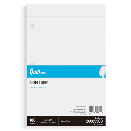 College Ruled Filler Paper, 5.5" x 8.5", White, 100 Sheets