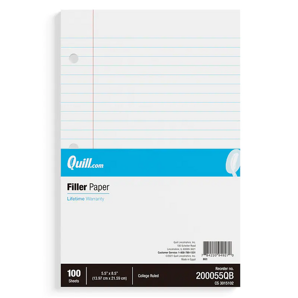 College Ruled Filler Paper, 5.5" x 8.5", White, 100 Sheets