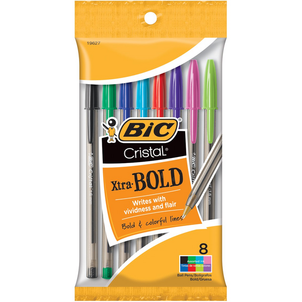 Cristal Xtra Bold Ball Pens, 1.6 mm, Assorted Ink, 8 Pack
