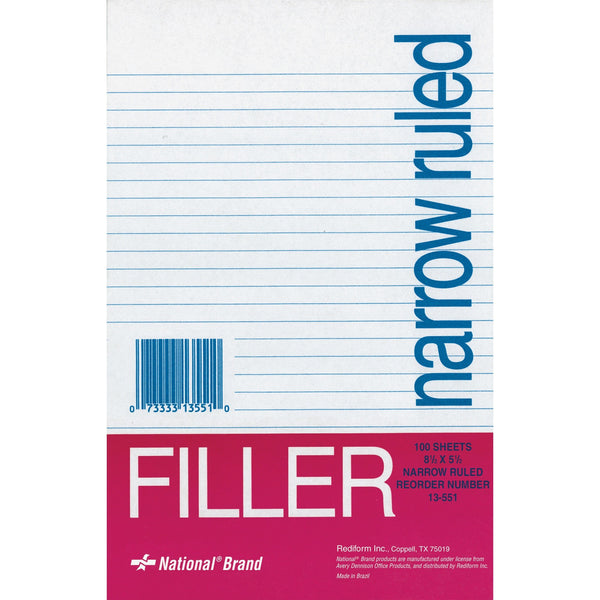 Filler Paper, Narrow, 100 Sheets, 8-1/2" x 5-1/2"
