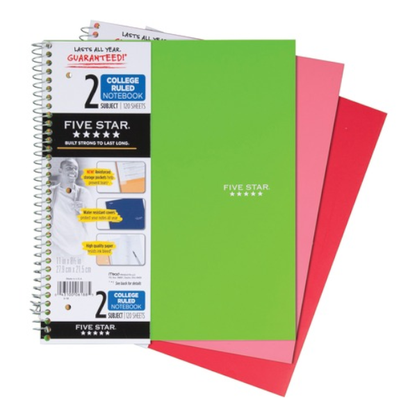 Five Star 2 Subject Poly Spiral Notebook College Ruled,120 Sheets, 8.5 ...
