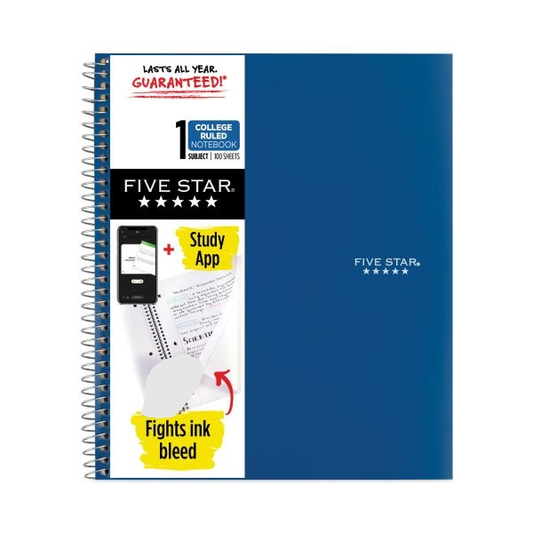 Five Star Spiral Notebook, 1 Subject, College Ruled, 11" x 8.5", 100 Sheets