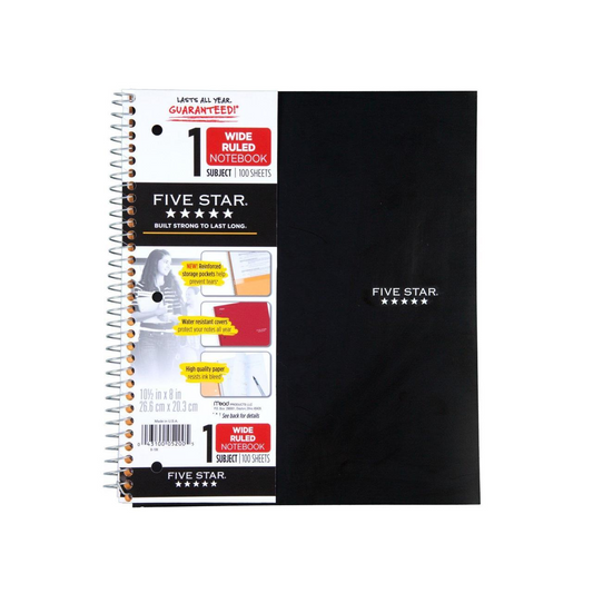 Five Star Spiral Notebook, 1 Subject, Wide Ruled, 10 1/2" x 8", 100 Sheets