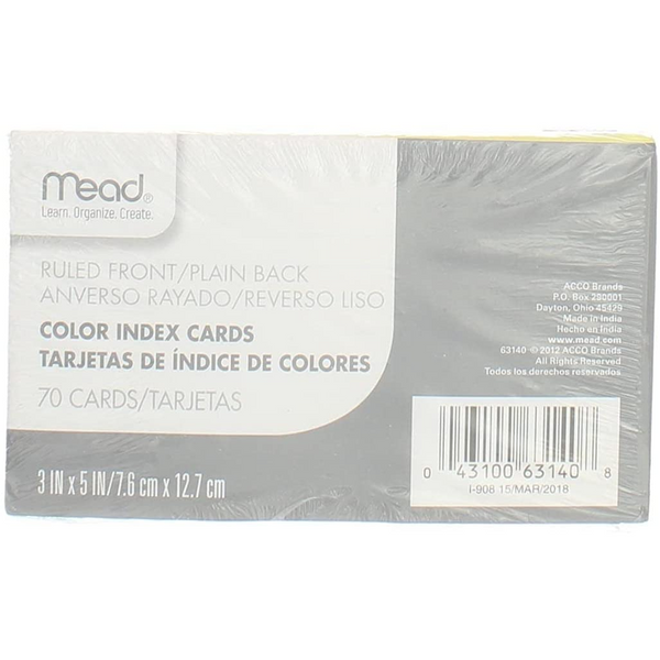 Index Cards, 3" x 5" Ruled, Assorted Colors