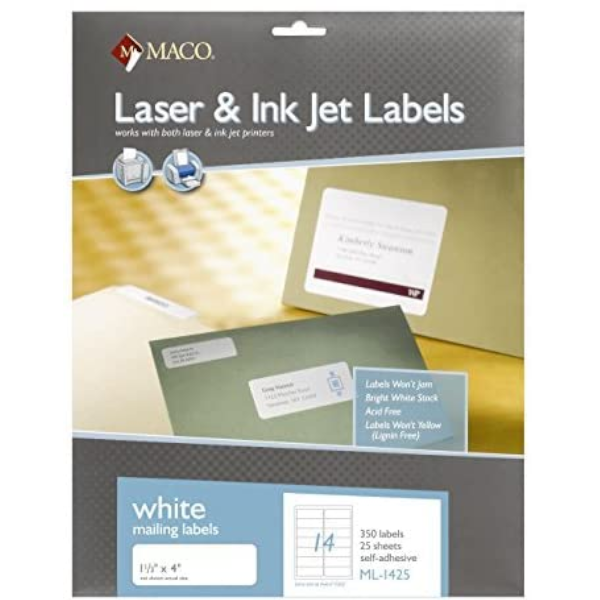 Laser/Ink Jet, White Labels, 1-1/3" x 4", 14/Sheet, 350 Count