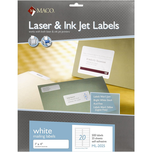 Laser/Ink Jet, White Labels, 1" x 4", 20/Sheet, 500 Count