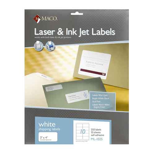 Laser/Ink Jet White Labels, 2" x 4", 10/Sheet, 250 Count