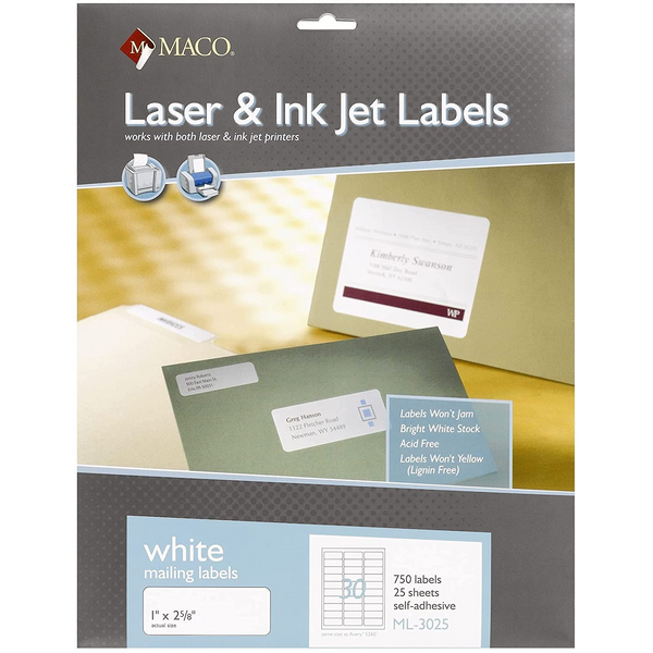 Laser/Ink Jet, White Labels, 1" x 2 5/8", 30/Sheet, 750 Count